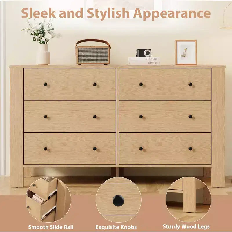 Commodes de chambre, grandes commodes à 6 tiroirs profonds avec poignées en métal, double commodes modernes en bois pour chambre d'enfant, entrée