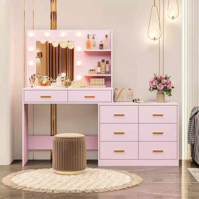 61 Pink Makeup Vanity Desk with Mirror & Lights, 8 Storage Drawers, 2-Tier Shelves, Adjustable 3-Mode LED, Sturdy MDF for Bedroom
