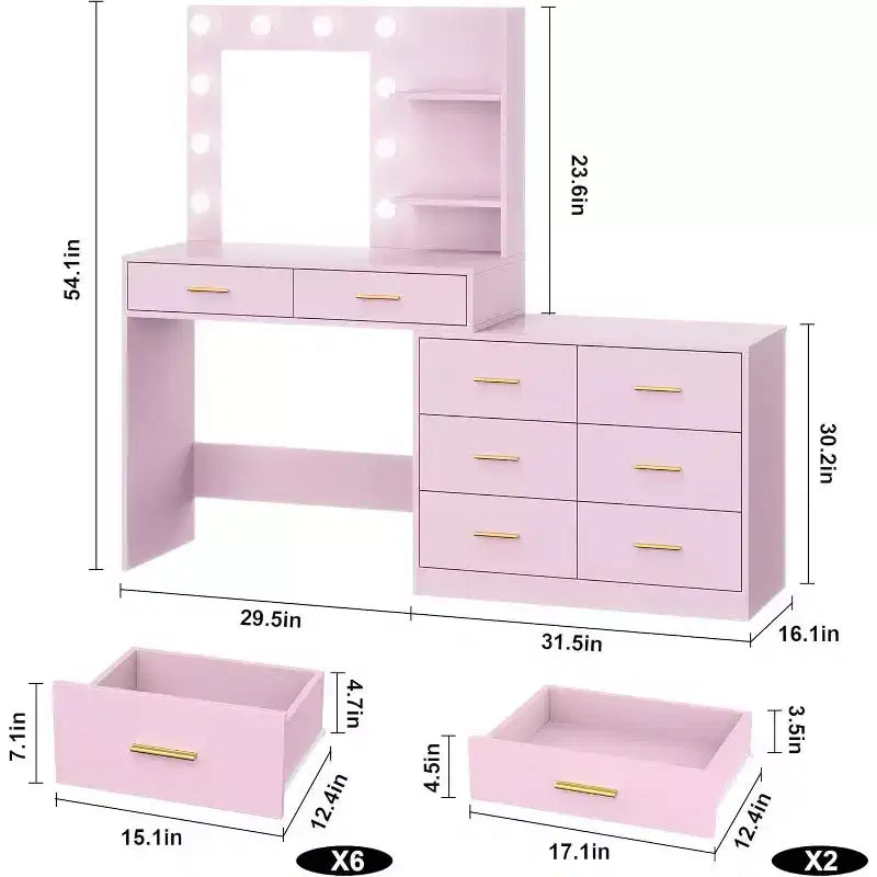 61 Coiffeuse Rose avec Miroir et Lumières, 8 Tiroirs de Rangement, 2 Étagères, LED Réglable 3 Modes, MDF Robuste pour Chambre