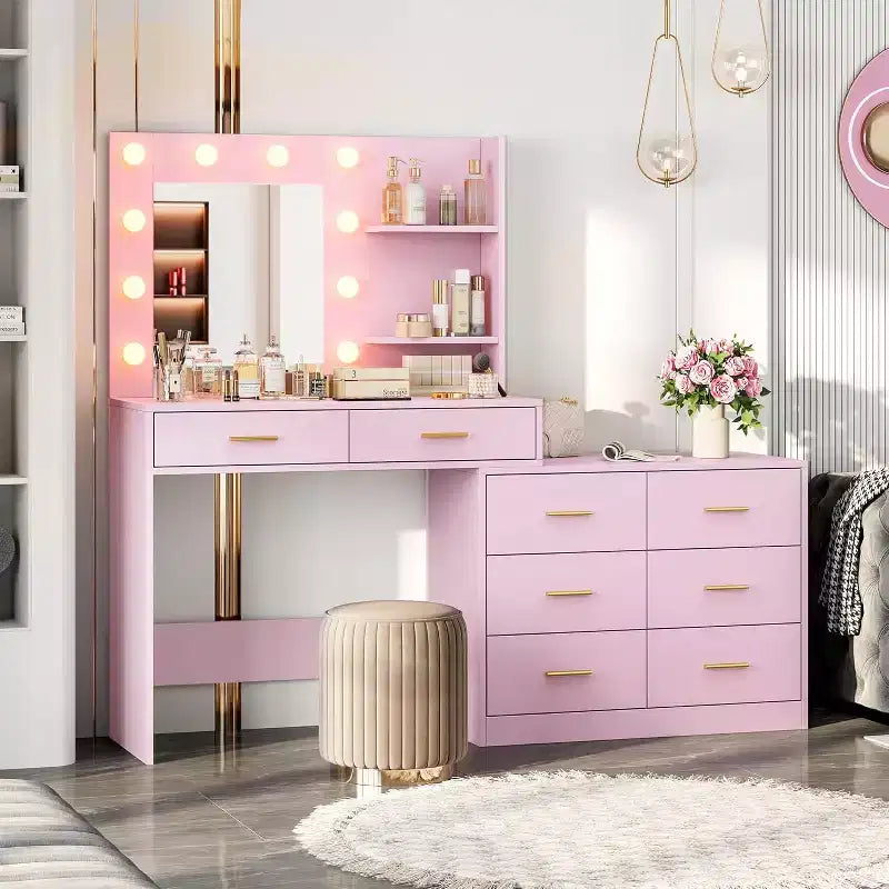 61 Coiffeuse Rose avec Miroir et Lumières, 8 Tiroirs de Rangement, 2 Étagères, LED Réglable 3 Modes, MDF Robuste pour Chambre