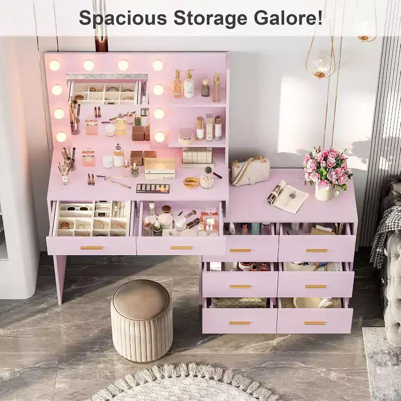 61 Coiffeuse Rose avec Miroir et Lumières, 8 Tiroirs de Rangement, 2 Étagères, LED Réglable 3 Modes, MDF Robuste pour Chambre