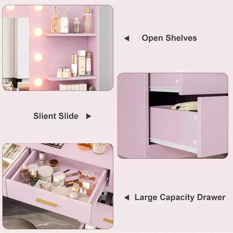 61 Coiffeuse Rose avec Miroir et Lumières, 8 Tiroirs de Rangement, 2 Étagères, LED Réglable 3 Modes, MDF Robuste pour Chambre