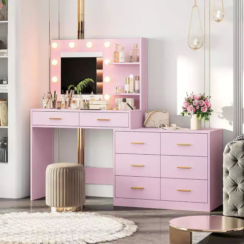 61 Coiffeuse Rose avec Miroir et Lumières, 8 Tiroirs de Rangement, 2 Étagères, LED Réglable 3 Modes, MDF Robuste pour Chambre