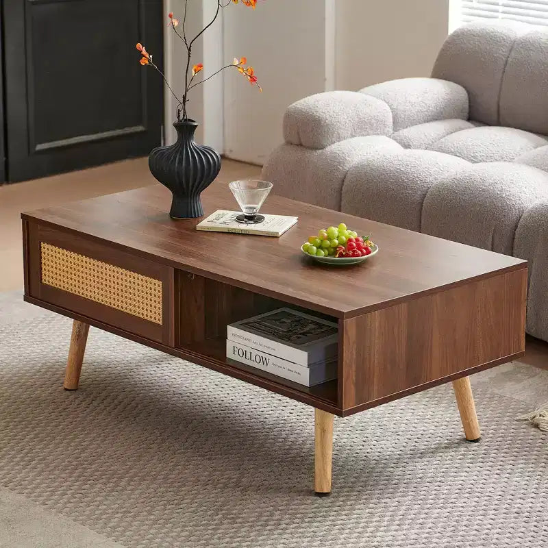 MAYEERTY Rattan Coffee Table Sliding Door for Storage Solid Wood Legs Modern Table for Living Room Walnut Color