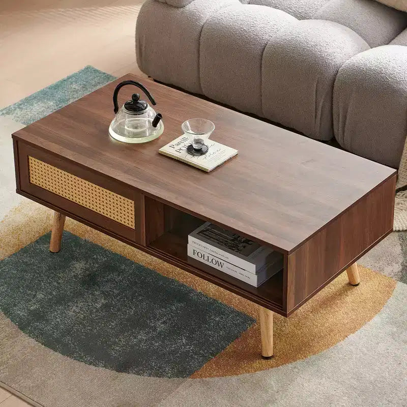 Table basse en rotin, porte coulissante pour rangement, pieds en bois massif, table moderne pour salon, couleur noyer