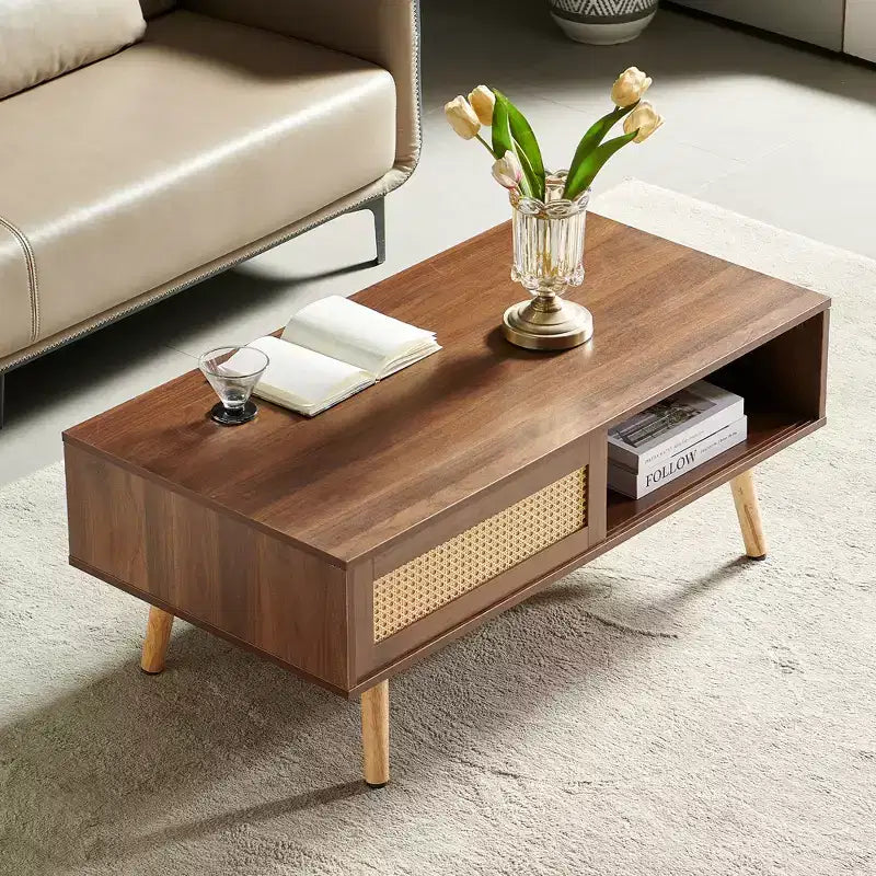 Table basse en rotin, porte coulissante pour rangement, pieds en bois massif, table moderne pour salon, couleur noyer