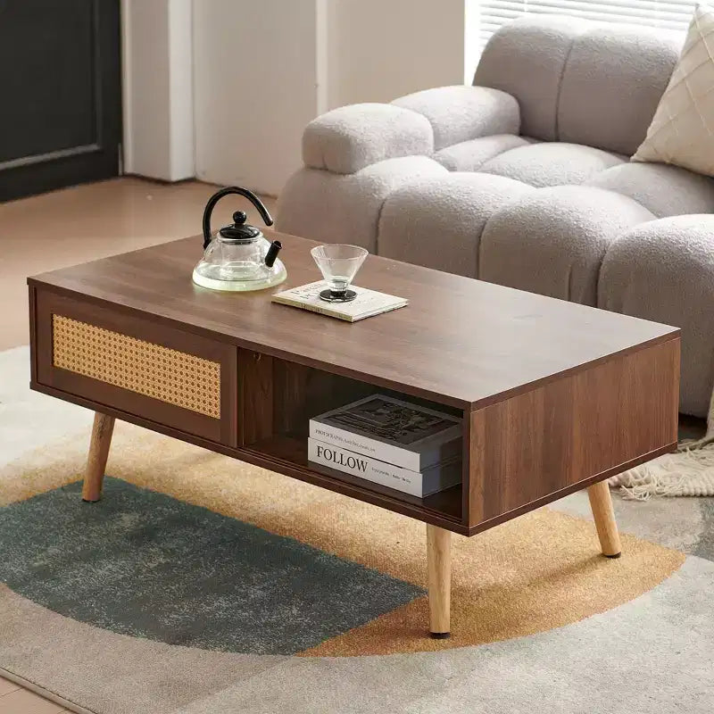 Table basse en rotin, porte coulissante pour rangement, pieds en bois massif, table moderne pour salon, couleur noyer