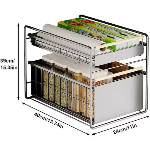 Organisateur de placard coulissant à 2 niveaux en acier inoxydable avec glissières à fermeture douce - Robuste pour le rangement de cuisine/garde-manger