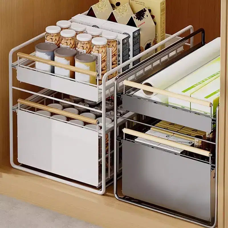 Organisateur de placard coulissant à 2 niveaux en acier inoxydable avec glissières à fermeture douce - Robuste pour le rangement de cuisine/garde-manger