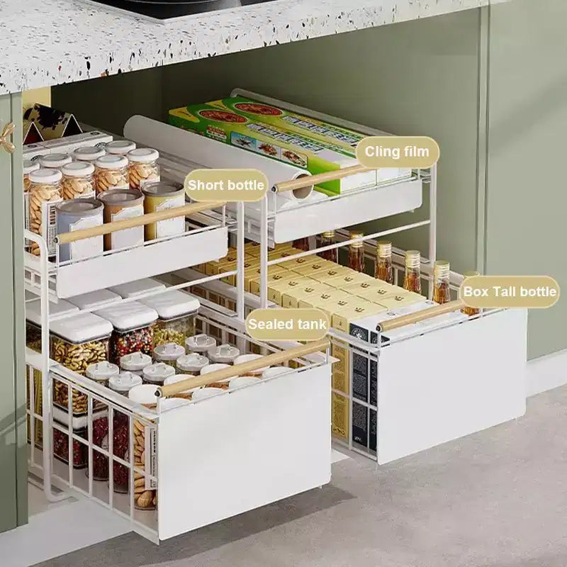 Organisateur de placard coulissant à 2 niveaux en acier inoxydable avec glissières à fermeture douce - Robuste pour le rangement de cuisine/garde-manger