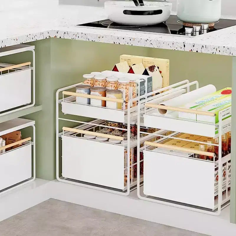 Organisateur de placard coulissant à 2 niveaux en acier inoxydable avec glissières à fermeture douce - Robuste pour le rangement de cuisine/garde-manger