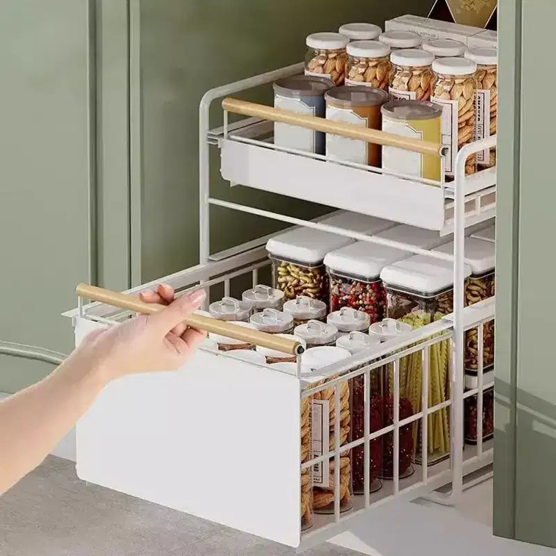 Organisateur de placard coulissant à 2 niveaux en acier inoxydable avec glissières à fermeture douce - Robuste pour le rangement de cuisine/garde-manger
