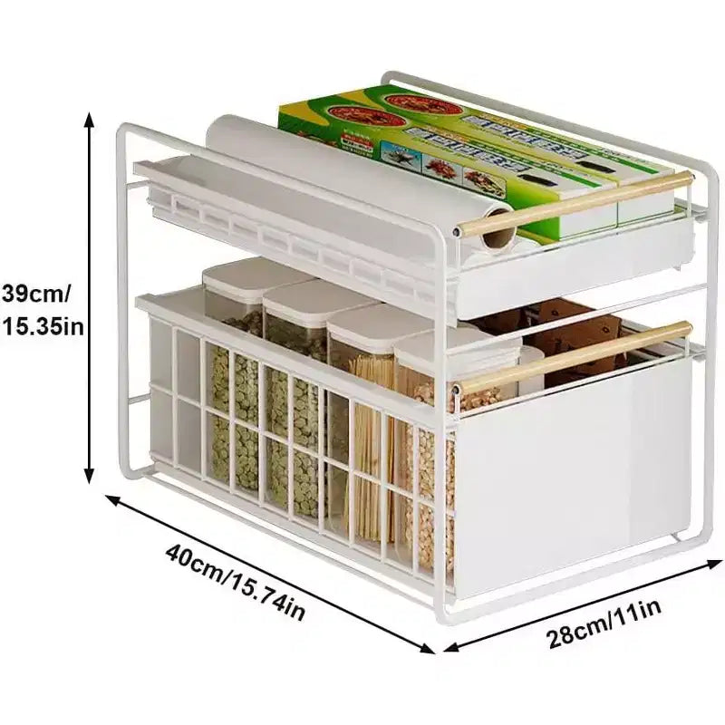 Organisateur de placard coulissant à 2 niveaux en acier inoxydable avec glissières à fermeture douce - Robuste pour le rangement de cuisine/garde-manger