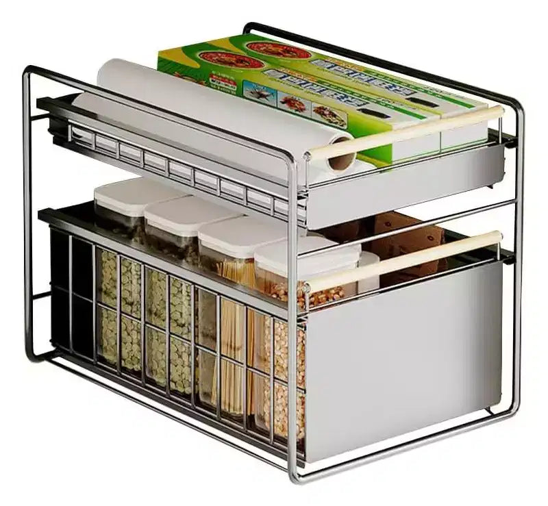 2-Tier Stainless Steel Pull-Out Cabinet Organizer w/Soft-Close Slides - Heavy Duty for Kitchen/Pantry Storage