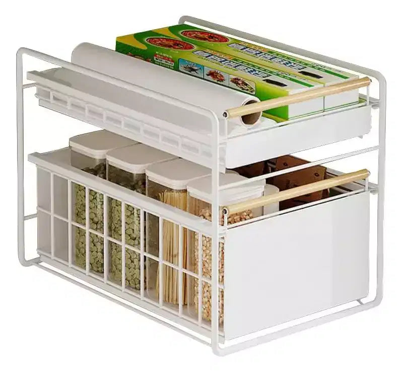 Organisateur de placard coulissant à 2 niveaux en acier inoxydable avec glissières à fermeture douce - Robuste pour le rangement de cuisine/garde-manger