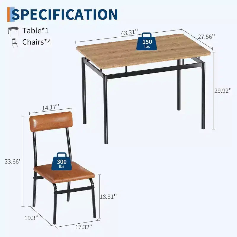 Ensemble de salle à manger 5 pièces avec table en bois et 4 chaises rembourrées en similicuir, cadre en métal industriel, ensemble de cuisine et salle à manger compact.