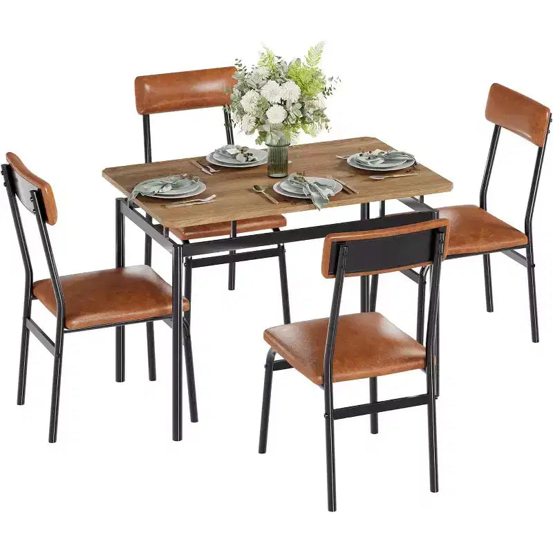 Ensemble de salle à manger 5 pièces avec table en bois et 4 chaises rembourrées en similicuir, cadre en métal industriel, ensemble de cuisine et salle à manger compact.