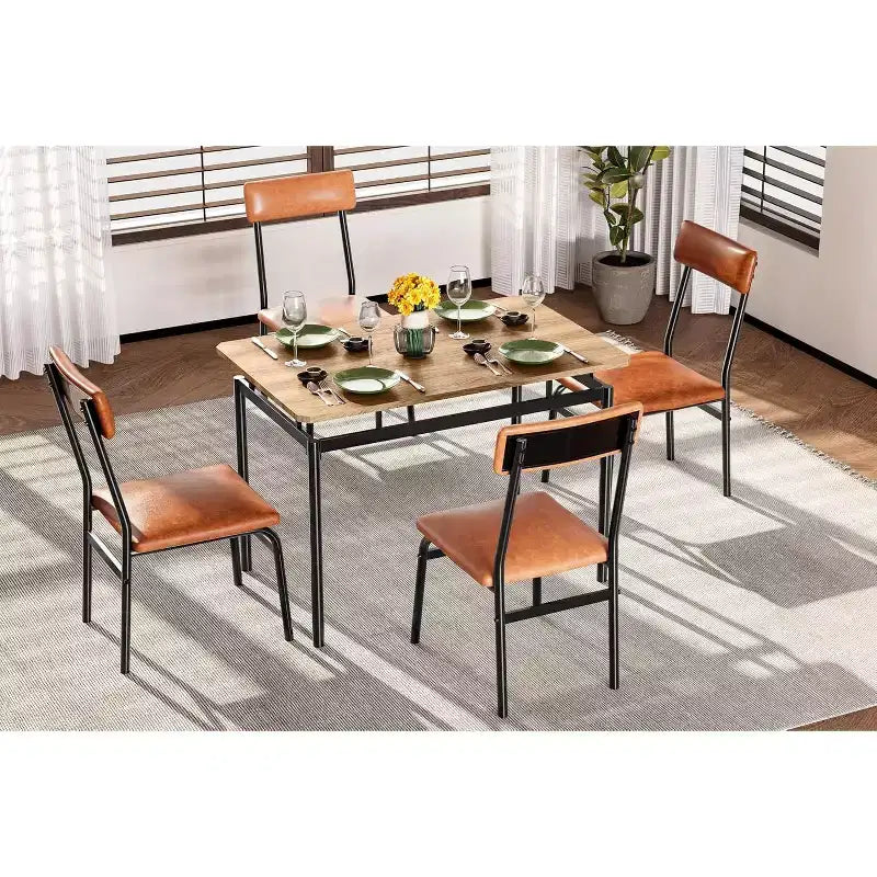 Ensemble de salle à manger 5 pièces avec table en bois et 4 chaises rembourrées en similicuir, cadre en métal industriel, ensemble de cuisine et salle à manger compact.
