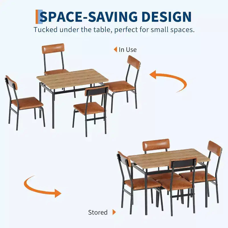 Ensemble de salle à manger 5 pièces avec table en bois et 4 chaises rembourrées en similicuir, cadre en métal industriel, ensemble de cuisine et salle à manger compact.