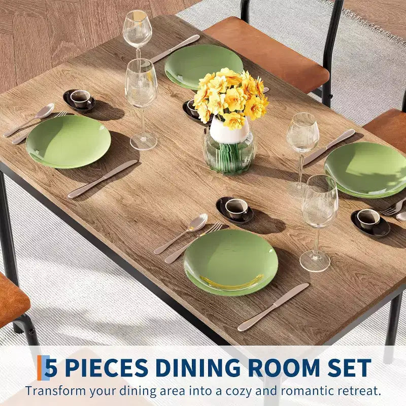 Ensemble de salle à manger 5 pièces avec table en bois et 4 chaises rembourrées en similicuir, cadre en métal industriel, ensemble de cuisine et salle à manger compact.