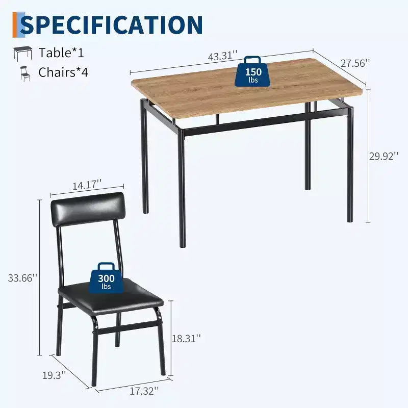Ensemble de salle à manger 5 pièces avec table en bois et 4 chaises rembourrées en similicuir, cadre en métal industriel, ensemble de cuisine et salle à manger compact.