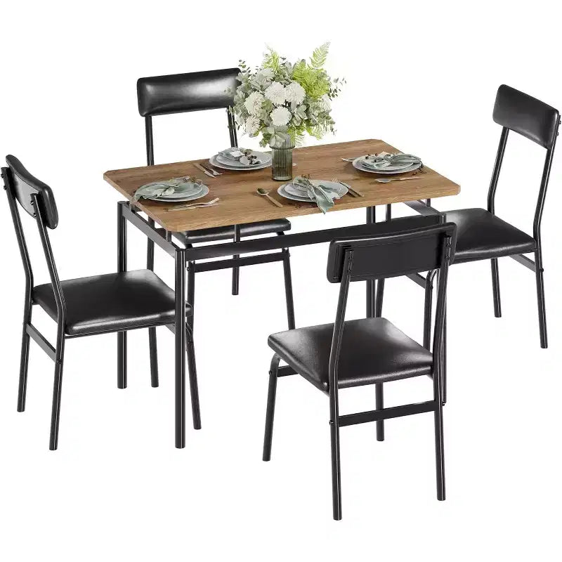 Ensemble de salle à manger 5 pièces avec table en bois et 4 chaises rembourrées en similicuir, cadre en métal industriel, ensemble de cuisine et salle à manger compact.