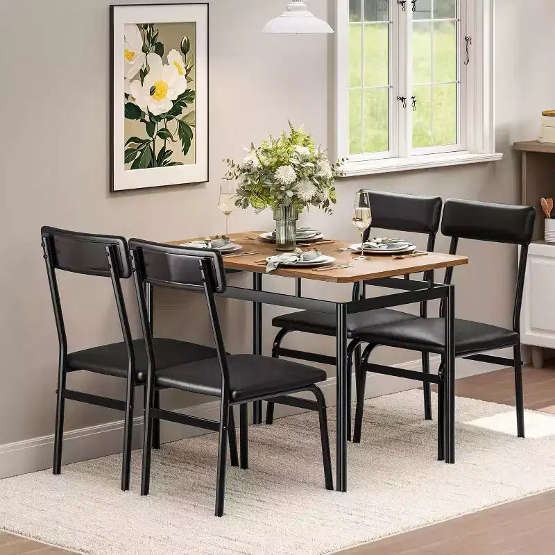 5 Piece Dining Table Set with Wooden Table & 4 PU Upholstered Chairs, Industrial Metal Frame, Compact Kitchen & Dining Room Set