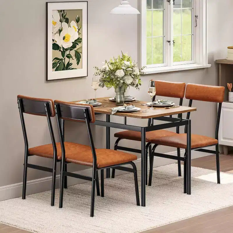 Ensemble de salle à manger 5 pièces avec table en bois et 4 chaises rembourrées en similicuir, cadre en métal industriel, ensemble de cuisine et salle à manger compact.