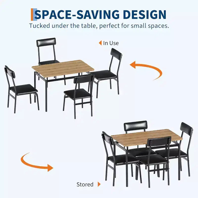Ensemble de salle à manger 5 pièces avec table en bois et 4 chaises rembourrées en similicuir, cadre en métal industriel, ensemble de cuisine et salle à manger compact.