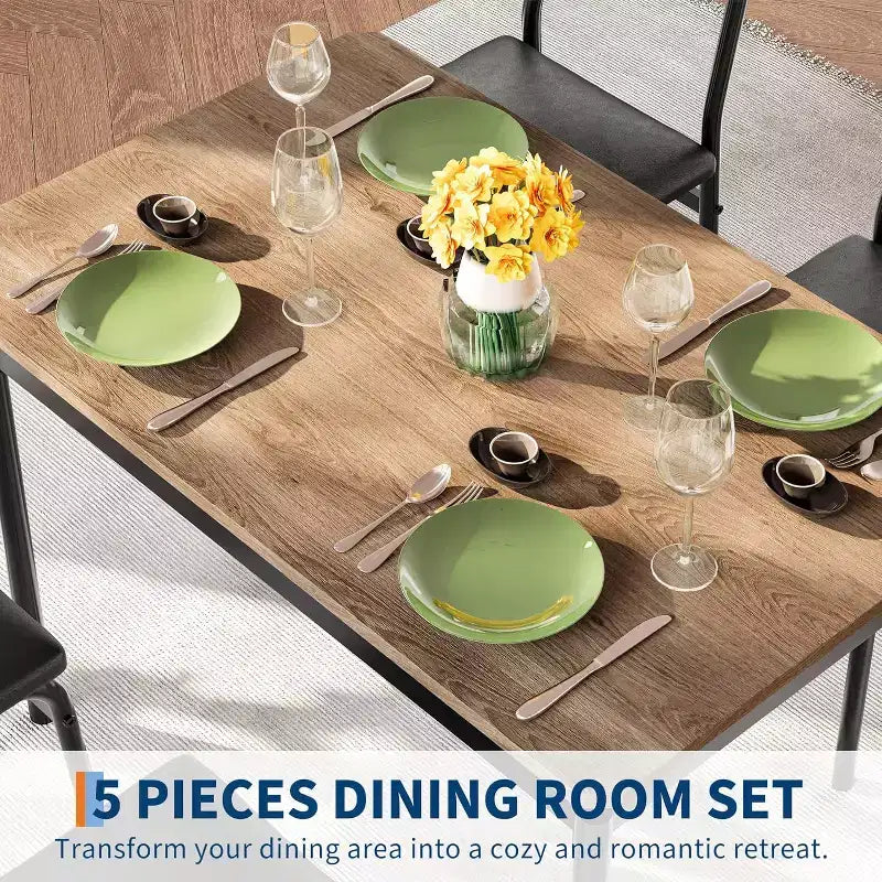Ensemble de salle à manger 5 pièces avec table en bois et 4 chaises rembourrées en similicuir, cadre en métal industriel, ensemble de cuisine et salle à manger compact.
