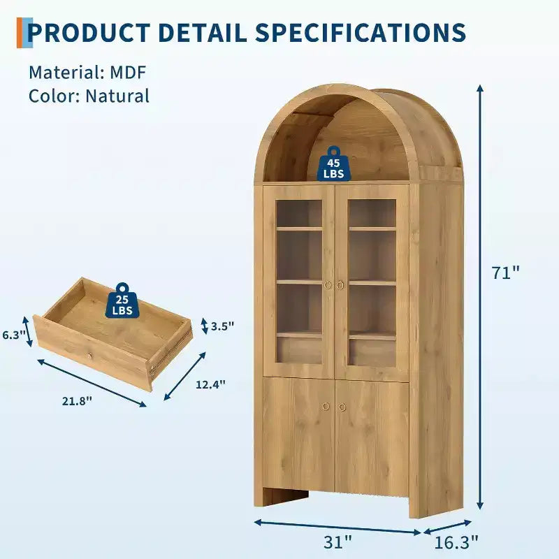 Armoire de cuisine arquée de style campagnard de 180 cm de haut, meuble de rangement en bois avec portes en acrylique et étagères réglables, cadre robuste pour la cuisine