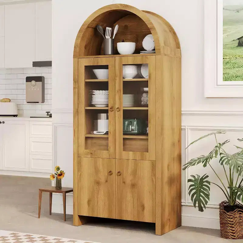 Armoire de cuisine arquée de style campagnard de 180 cm de haut, meuble de rangement en bois avec portes en acrylique et étagères réglables, cadre robuste pour la cuisine