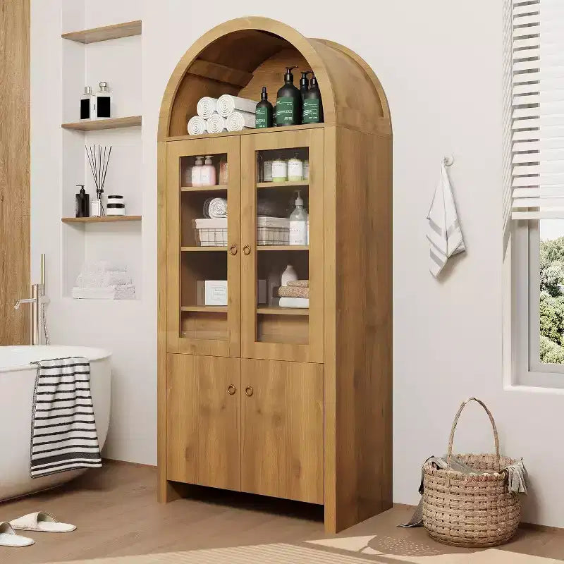 Armoire de cuisine arquée de style campagnard de 180 cm de haut, meuble de rangement en bois avec portes en acrylique et étagères réglables, cadre robuste pour la cuisine
