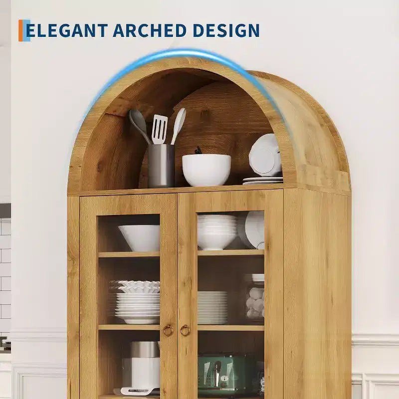 Armoire de cuisine arquée de style campagnard de 180 cm de haut, meuble de rangement en bois avec portes en acrylique et étagères réglables, cadre robuste pour la cuisine