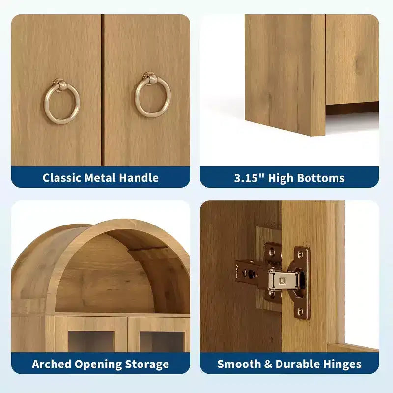 Armoire de cuisine arquée de style campagnard de 180 cm de haut, meuble de rangement en bois avec portes en acrylique et étagères réglables, cadre robuste pour la cuisine