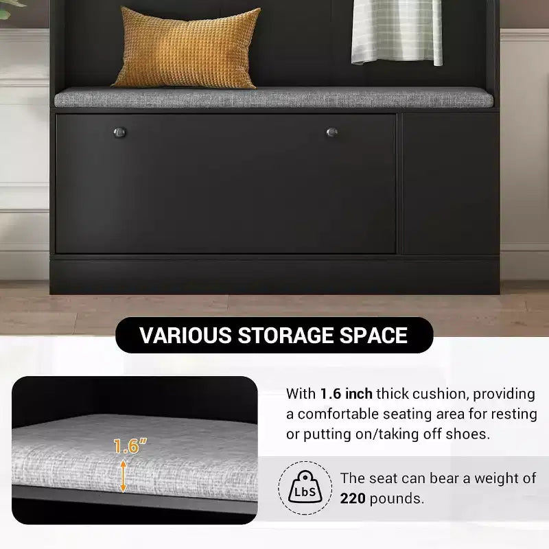 Banc d'entrée moderne avec patères, meuble à chaussures, solution d'entrée 5-en-1 avec coussin confortable pour l'organisation de la maison
