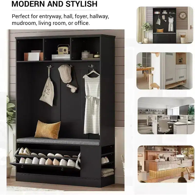 Banc d'entrée moderne avec patères, meuble à chaussures, solution d'entrée 5-en-1 avec coussin confortable pour l'organisation de la maison
