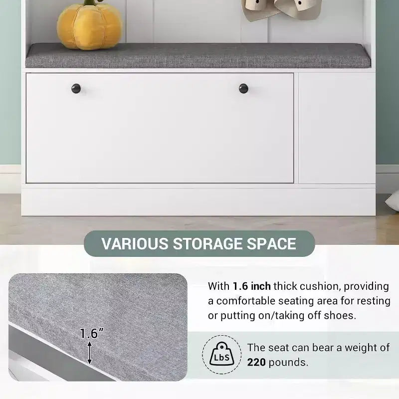 Banc d'entrée moderne avec patères, meuble à chaussures, solution d'entrée 5-en-1 avec coussin confortable pour l'organisation de la maison