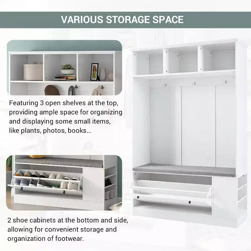 Banc d'entrée moderne avec patères, meuble à chaussures, solution d'entrée 5-en-1 avec coussin confortable pour l'organisation de la maison