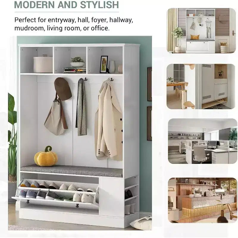 Banc d'entrée moderne avec patères, meuble à chaussures, solution d'entrée 5-en-1 avec coussin confortable pour l'organisation de la maison