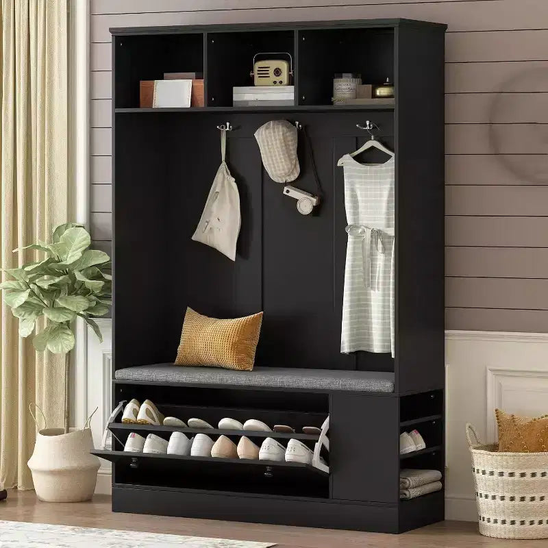 Banc d'entrée moderne avec patères, meuble à chaussures, solution d'entrée 5-en-1 avec coussin confortable pour l'organisation de la maison