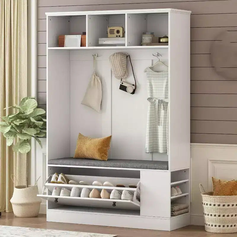 Modern Hall Tree Bench, 3 Hooks & Shoe Storage Combo, 5-in-1 Entryway Solution with Comfortable Cushion for Home Organization
