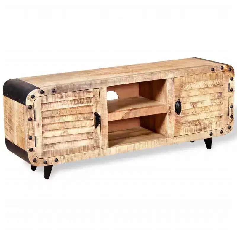 Meuble TV fait main en bois de manguier brut, 120 x 30 x 50 cm, offrant un grand espace de rangement et un motif de bois distinctif, idéal pour divers espaces