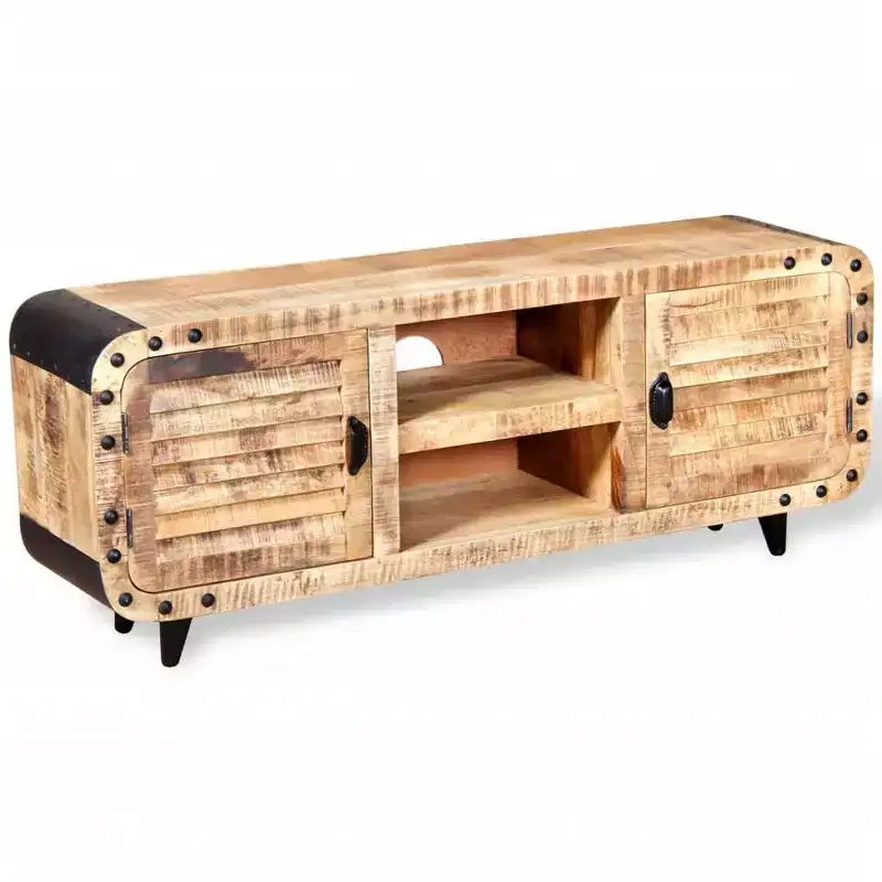 Meuble TV fait main en bois de manguier brut, 120 x 30 x 50 cm, offrant un grand espace de rangement et un motif de bois distinctif, idéal pour divers espaces