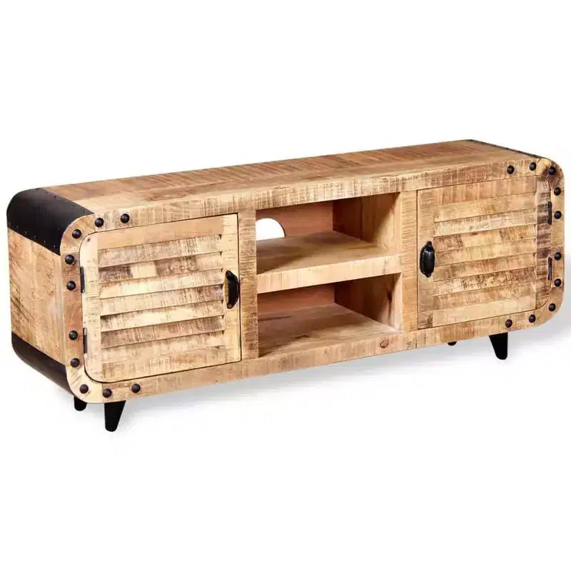 Meuble TV fait main en bois de manguier brut, 120 x 30 x 50 cm, offrant un grand espace de rangement et un motif de bois distinctif, idéal pour divers espaces
