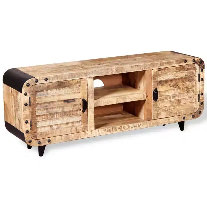 Meuble TV fait main en bois de manguier brut, 120 x 30 x 50 cm, offrant un grand espace de rangement et un motif de bois distinctif, idéal pour divers espaces