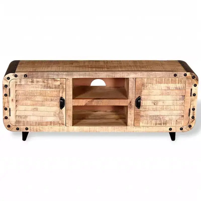 Meuble TV fait main en bois de manguier brut, 120 x 30 x 50 cm, offrant un grand espace de rangement et un motif de bois distinctif, idéal pour divers espaces