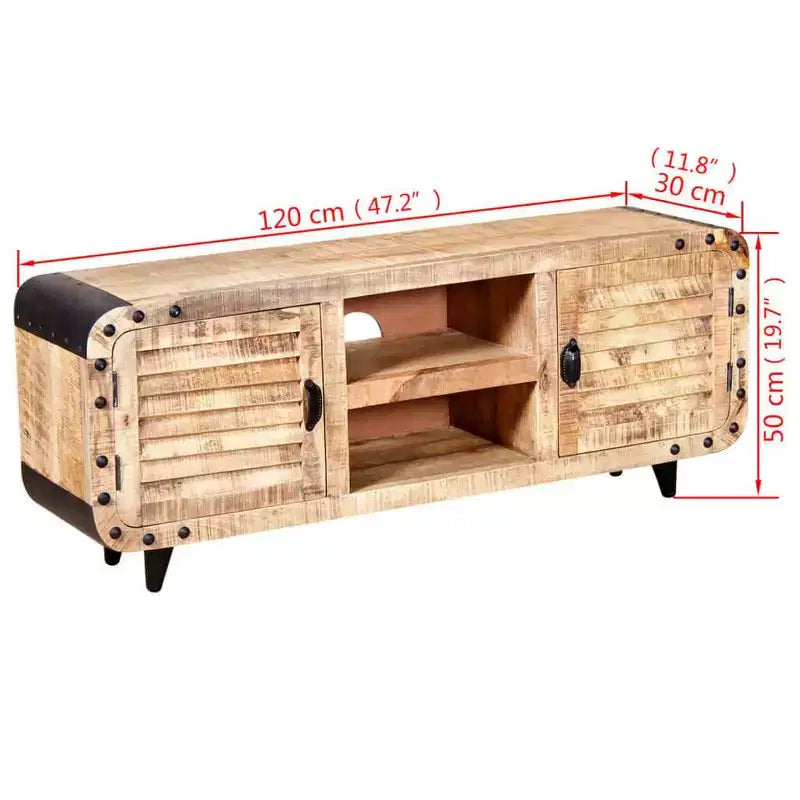 Meuble TV fait main en bois de manguier brut, 120 x 30 x 50 cm, offrant un grand espace de rangement et un motif de bois distinctif, idéal pour divers espaces