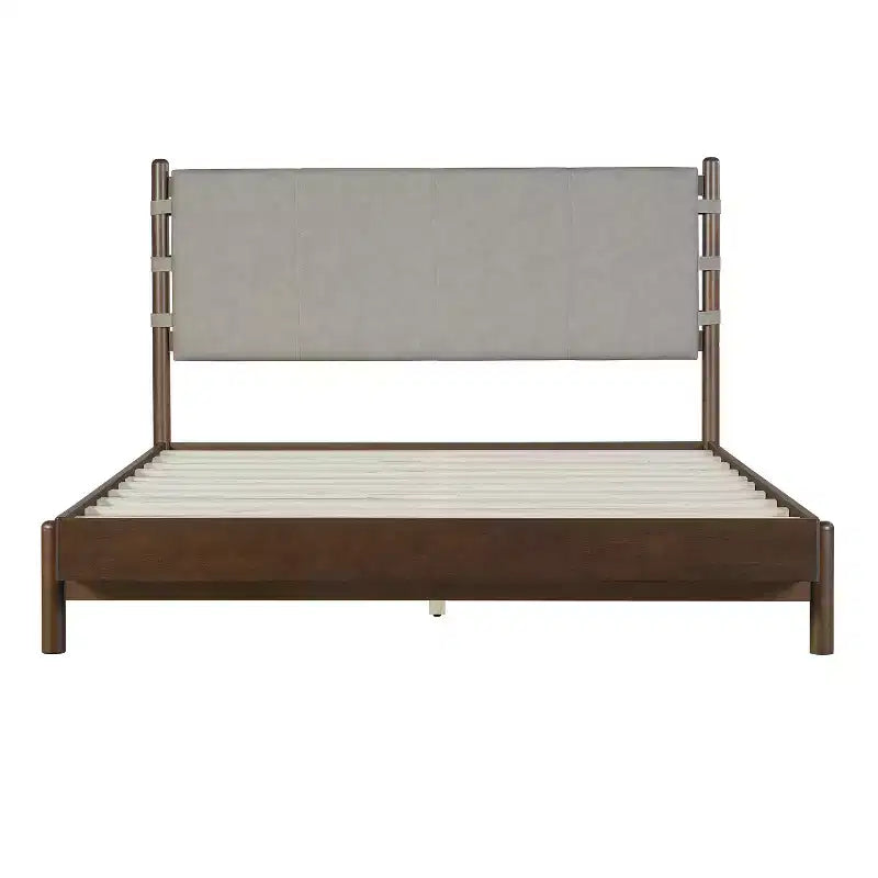 Cadre de lit plateforme en hévéa style Mid-Century avec tête de lit à sangles en similicuir