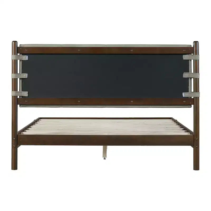 Cadre de lit plateforme en hévéa style Mid-Century avec tête de lit à sangles en similicuir